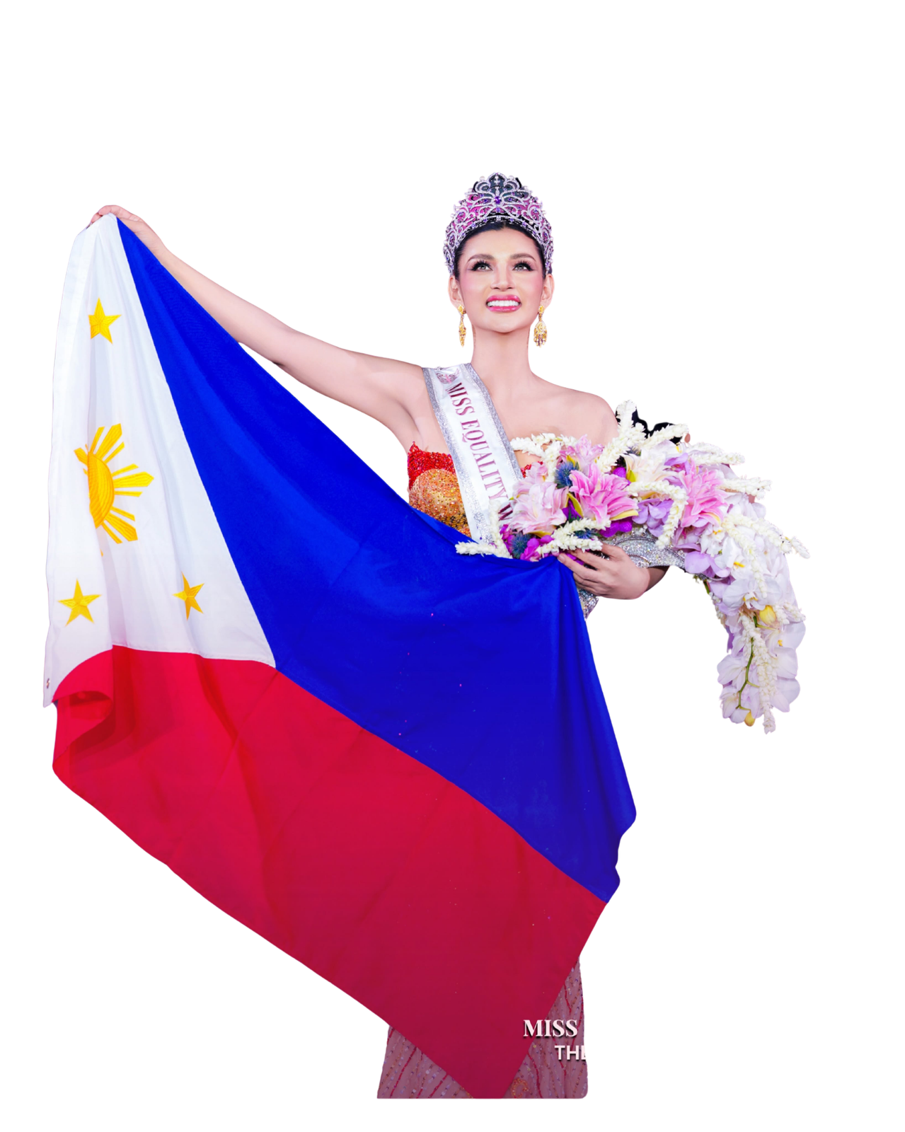 Crowned queen holding the Philippine flag