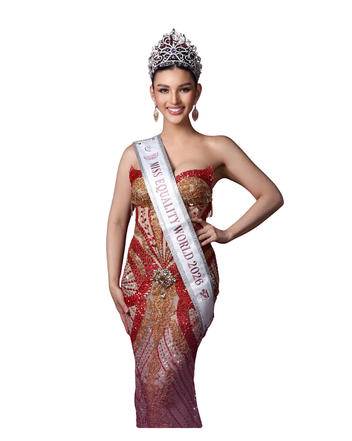 Miss Equality World 2026 in a red and gold gown